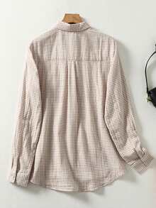 Retro Round Neck Classic Plaid Shirt, Linen-Like Casual Long Sleeve Blouse For Women - Khaki - View 2