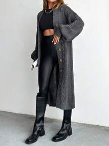 SHEIN PETITE Petite Cable Knit Drop Shoulder Cardigan - Dark Grey - View 5