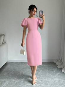 Elenzga Vestido elegante de mujer de unicolor con cuello redondo, manga corta abullonada y ajustado hasta la mitad del muslo, conjunto de mujer de verano maxivestido