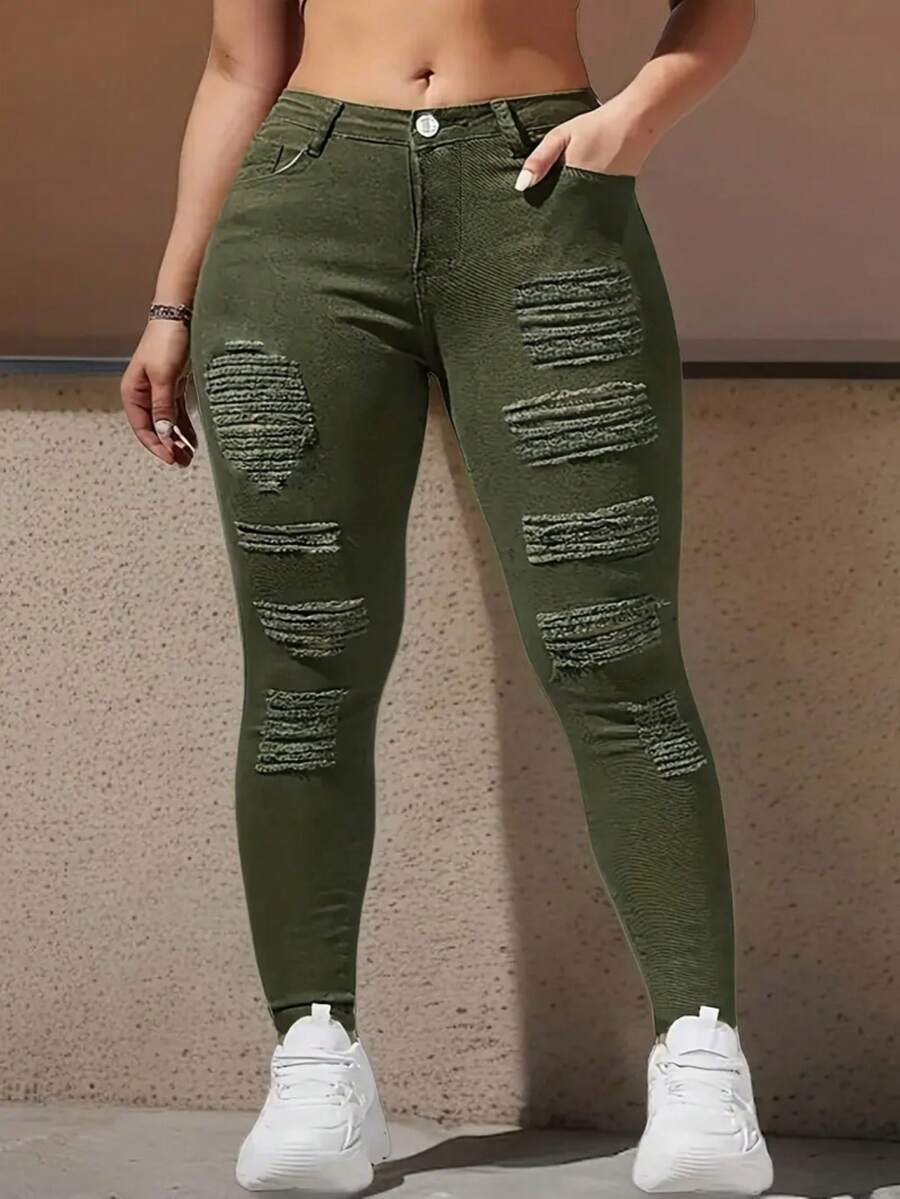 女士时尚军绿色休闲破洞紧身牛仔裤 - 軍綠色 - 查看 1
