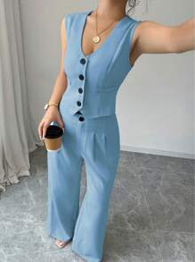 Elenzga 2 piezas Conjunto de traje informal con top blazer sin mangas y pantalones