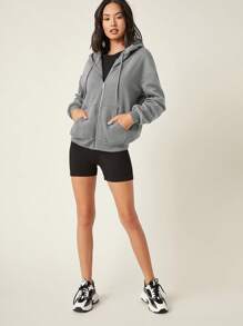 EURMUSE Drop Shoulder Zip Up Drawstring Thermal Hoodie - Grey - View 5