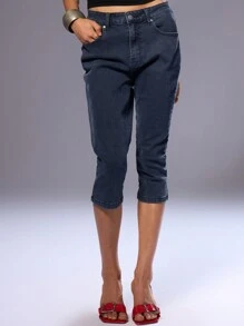 MUSERA 斜插口袋七分牛仔裤，90年代春夏可爱风 - 淺藍色 - 查看 2