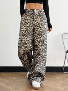 SHEIN EZwear Leopard Print Button Front Pocket Straight Leg Casual Cargo Pants - Beige - View 1