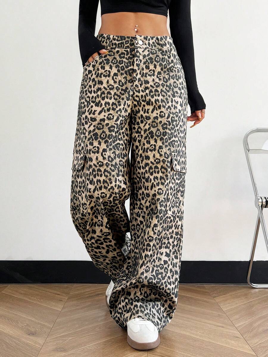 SHEIN EZwear Leopard Print Button Front Pocket Straight Leg Casual Cargo Pants - Beige - View 1