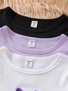 Elladie kids 3 件套 Tween 女童蝴蝶刺绣罗纹 T 恤套装，优雅，适合春秋季节 - 彩色 - 查看 6