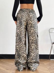 SHEIN EZwear Leopard Print Button Front Pocket Straight Leg Casual Cargo Pants - Beige - View 2