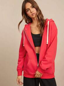 WESTFADE Summer 70% Cotton Fleece Two Tone Contrast Trim Zip Front Long Sleeve Oversized Boyfriend Hoodie