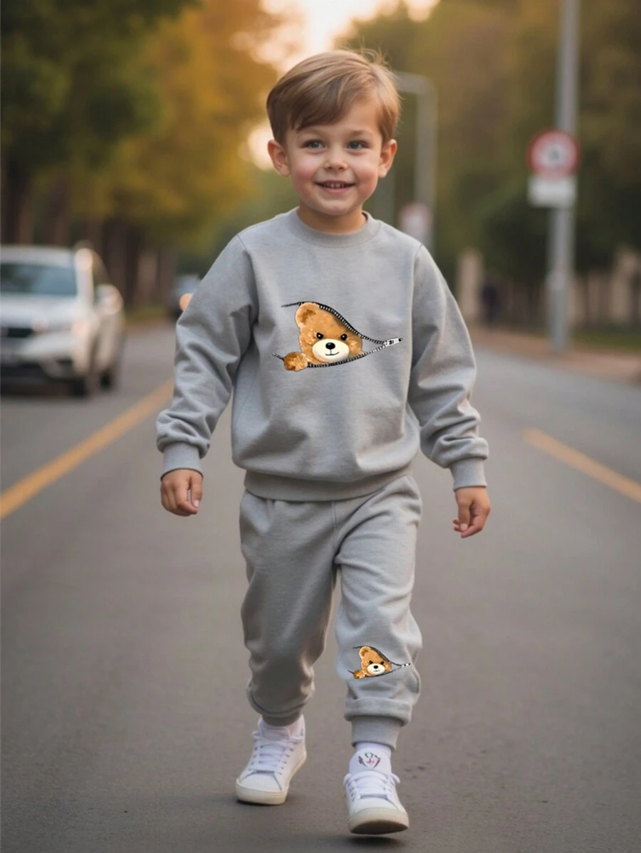 SHEIN 年轻男孩可爱熊图案运动衫套装 - 灰色 - 查看 1
