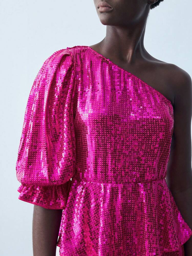SHEIN Maija Blouse décontractée pour femmes avec col asymétrique décoré de paillettes