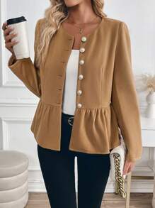 SHEIN LUNE Fashionable & Simple Sweet Fitted Ruffled Trim Ladies Woolen Coat Fall Cloth For Women - Brown - View 4