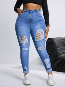 SHEIN SXY Plus Size Elastic Distressed Denim Jeans