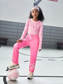 Conjunto deportivo de sudadera de cuello redondo con estampado digital de manga larga y pantalones estampados para niña preadolescente, otoño/invierno - Rosa - Ver 6
