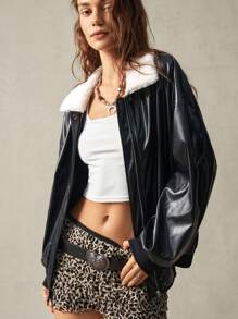 Bohemela 毛绒翻领 PU 皮革宽松女式夹克，长袖秋冬休闲波西米亚风 - 黑色 - 查看 4