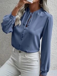 EMERY ROSE Solid Tie Neck Shirt,Long Sleeve Tops Fall Cloth For Women - Dusty Blue - View 6