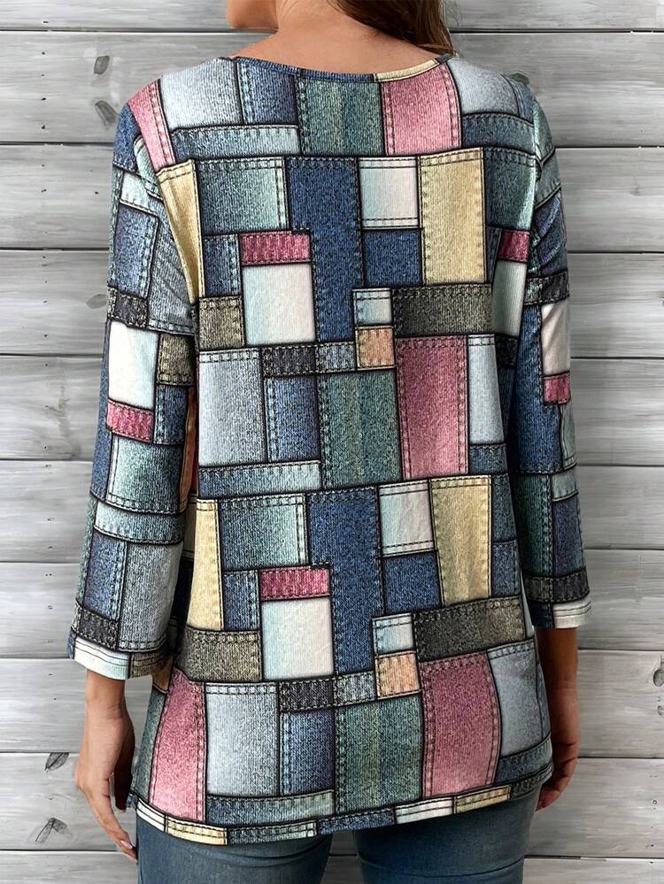 Women's Casual Plaid Three-Quarter Sleeve Graphic Tees Women