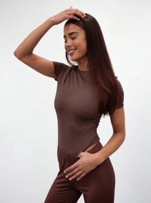 MUSERA ESSENTIALS Snatched T Shirt Bodysuit Casual Spring Summer Vacation - Brown - View 2