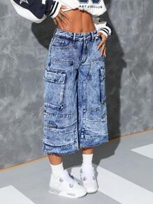 SHEIN ICON Pantalones vaqueros casuales para mujer con varios bolsillos y botón delantero simple