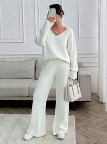 EURMUSE Women V-Neck OverSize Sweater And Knit Pant Set - White - View 8