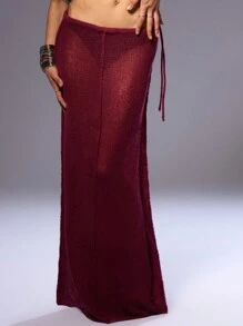 MUSERA Distressed Knit Maxi Skirt - Burgundy - View 2