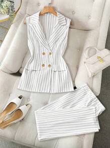 SHEIN Clasi Bộ đồ vest không tay sọc dọc màu trắng thanh lịch cho quý cô công sở + quần ống loe 2 mảnh trang phục công sở trang phục công sở thường ngày cho phụ nữ mặc ở văn phòng dành cho phụ nữ bộ đồ công sở cho phụ nữ quần áo cho phụ nữ bộ đồ vest cho phụ nữ - trắng - Xem 1