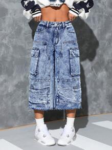 SHEIN ICON Pantalones vaqueros casuales para mujer con varios bolsillos y botón delantero simple