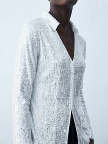 Maija 女式白色收腰纯色长袖休闲衬衫，配亮片装饰 - 銀色 - 查看 7