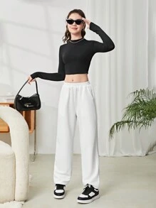SHEIN Teen Girls Solid Color Letter Print Loose Casual Pockets Drawstring Jogger Pants - Black and White - View 3