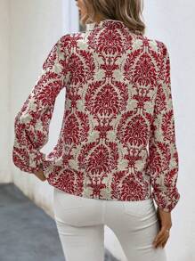 Breezaya Women Floral Print Lantern Sleeve V-Neck Elegant Blouse