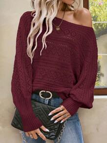 EMERY ROSE Solid Color Asymmetrical Shoulder Long Sleeve Simple Pullover Sweater, Casual Wear, Long Sleeve Top Knit Pullover Fall Winter - Burgundy - View 4