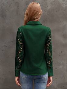 Plain Color Lace Patchwork Design Casual Shirt - Green - View 2