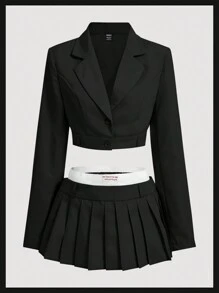 SHEIN ICON 秋冬女士休闲翻领长袖西装外套和百褶中裙套装（两件套） - 黑與白 - 查看 1