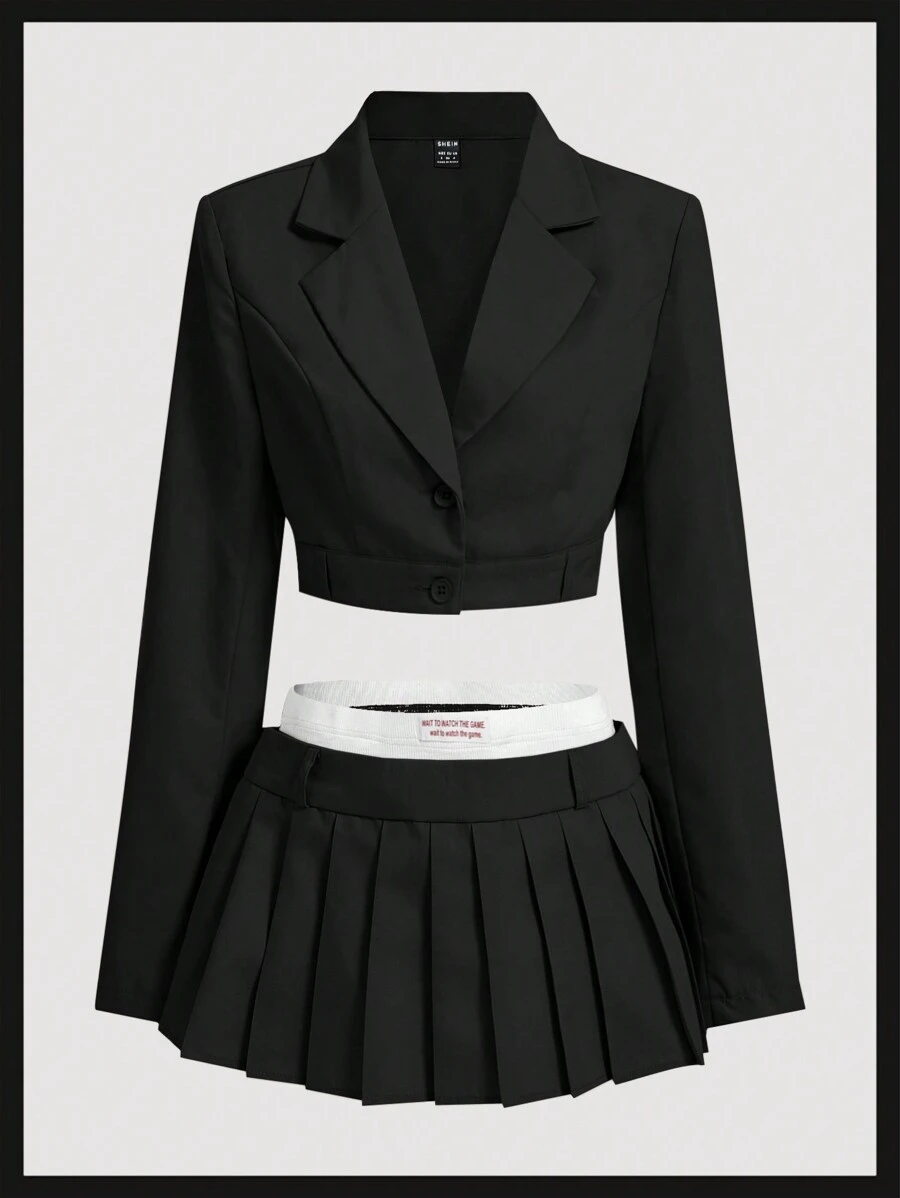 SHEIN ICON 秋冬女士休闲翻领长袖西装外套和百褶中裙套装(两件套) - 黑與白 - 查看 1