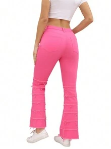 Women's Solid Color Front Button Pocket Casual Stretchy Denim Pants - Hot Pink - View 2