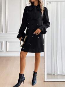 Opuloom Women Dresses Manik manik Mutiara Dasi Depan Plain Anggun - Hitam - View 6