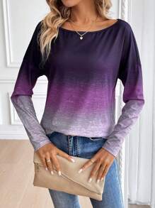 SHEIN LUNE Ombre Drop Shoulder Tee Graphic Tees Women Tops - Purple - View 4
