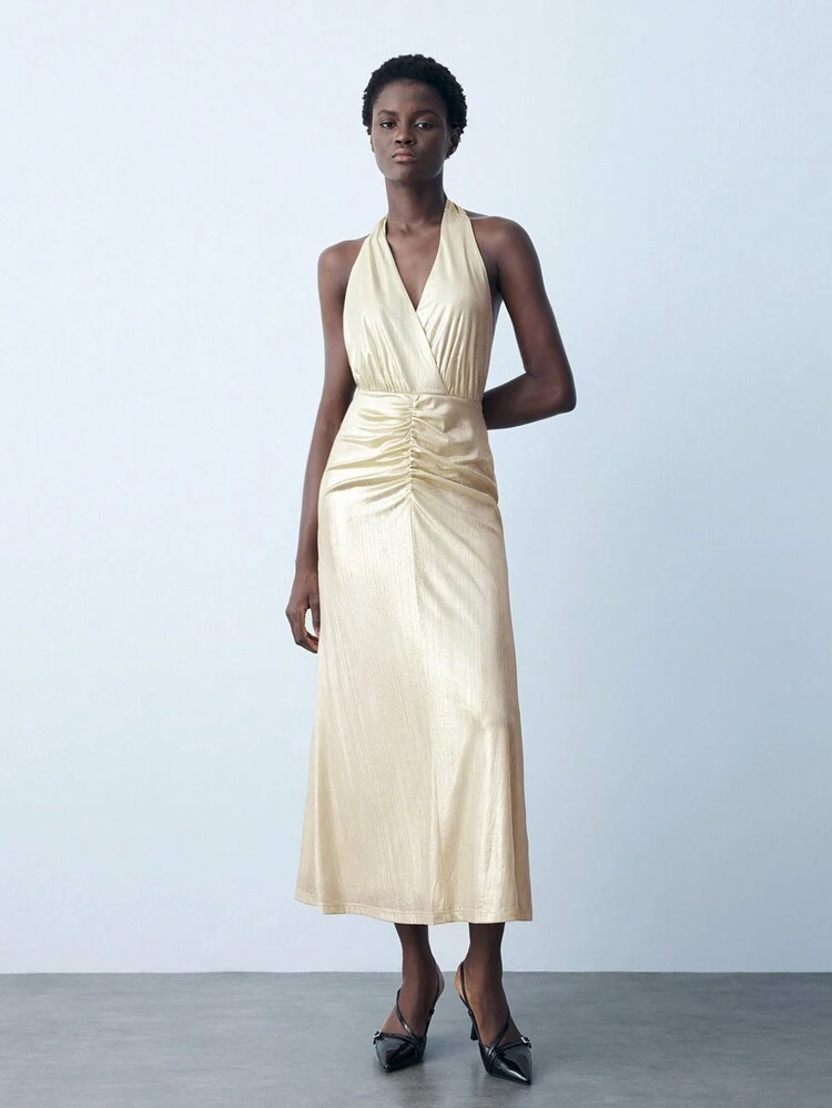 SHEIN Maija Women's Golden Solid Color Pleated Tie-Neck Elegant Dress, Autumn