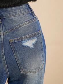 Premium 91% Cotton Denim Ripped High Rise Baggy Wide Leg Jeans - Dark Wash - View 4