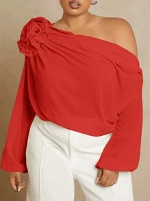 Hauture Plus Asymmetric Off Shoulder Shirt With 3D Flower - Red - View 5