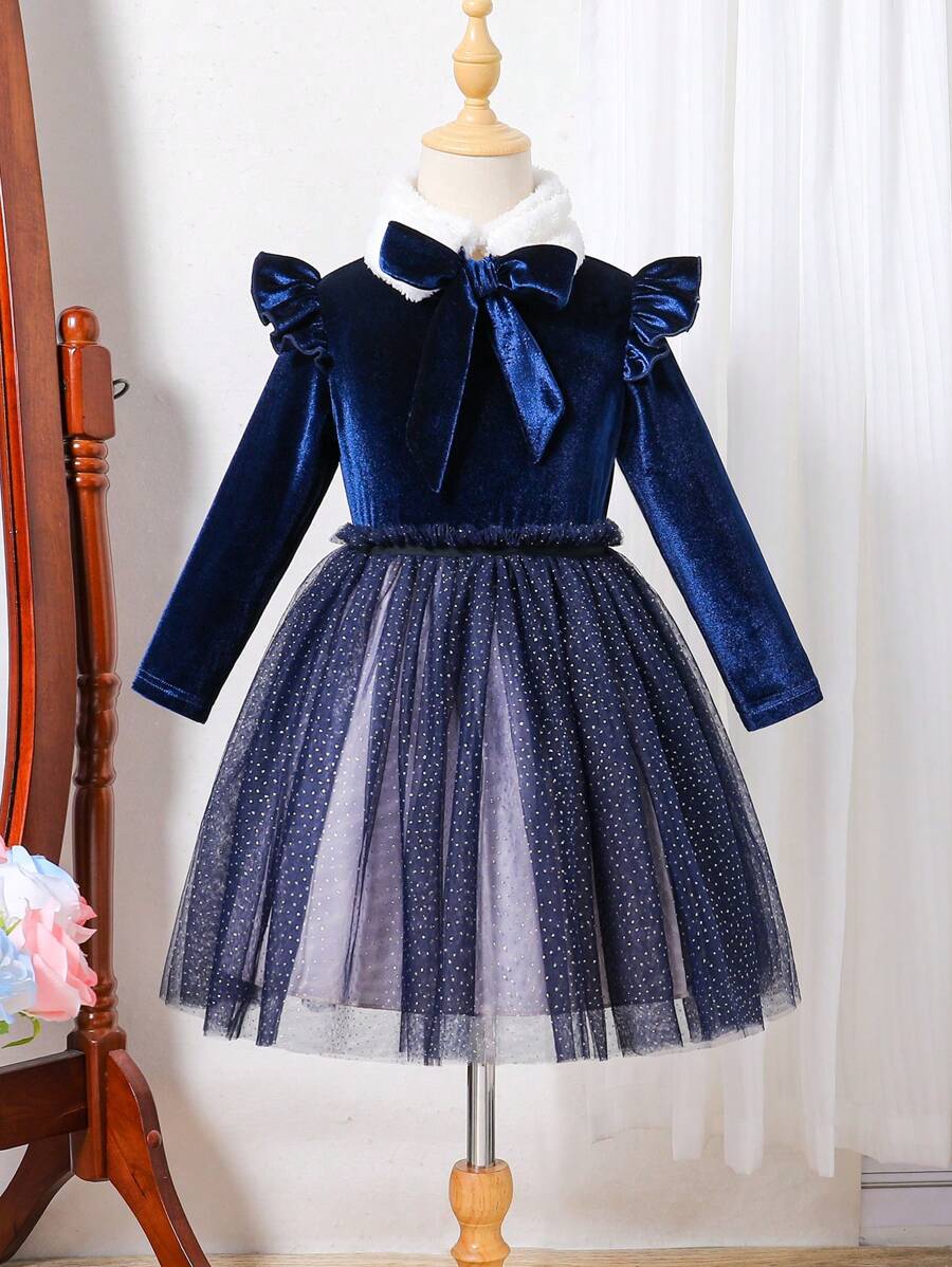Young Girls Solid Color Patchwork Long Sleeve Ruffle Hem Dress - Royal Blue - View 1