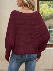 EMERY ROSE Solid Color Asymmetrical Shoulder Long Sleeve Simple Pullover Sweater, Casual Wear, Long Sleeve Top Knit Pullover Fall Winter - Burgundy - View 3