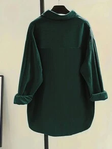 Women's Striped Drop Shoulder Long Sleeve Loose Casual Shirt, Spring/Autumn - Green - View 3