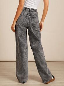 WESTFADE Premium 91% Cotton Denim Crossover Mid Rise Baggy Straight Leg Jeans - Black - View 5