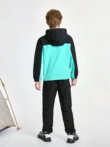 SHEIN 2 件套青少年男孩时尚运动风衣连帽衫夹克和裤子，带字母和徽标印花色块设计，休闲户外街头装