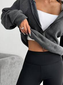 SHEIN Unity Autumn Winter Casual Textured Fabric Zipper Hoodie Pullover Fall Outfit - Dark Grey - View 6
