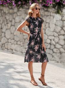 RueChic Floral Print Contrast Lace Belted Dress - Black - View 3