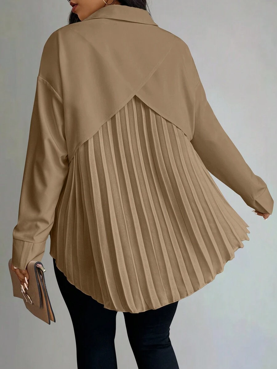 EMERY ROSE Plus Size Women's Solid Dropped Shoulder Long Sleeve Pleated Hem Casual Blouse Women Shirt - Khaki - View 1