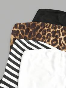 SHEIN EZwear Bộ 4 sản phẩm thu đông thiết yếu sọc đen trắng & họa tiết da báo crop top - Nhiều màu - Xem 3