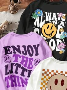 SHEIN Leap Crew 3pcs Vintage Smiling Face, Floral, Slogan Print Thermal Lined Oversized Crew Neck Sweatshirts For Tween Girls, Suitable For Autumn And Winter - Multicolor - View 3
