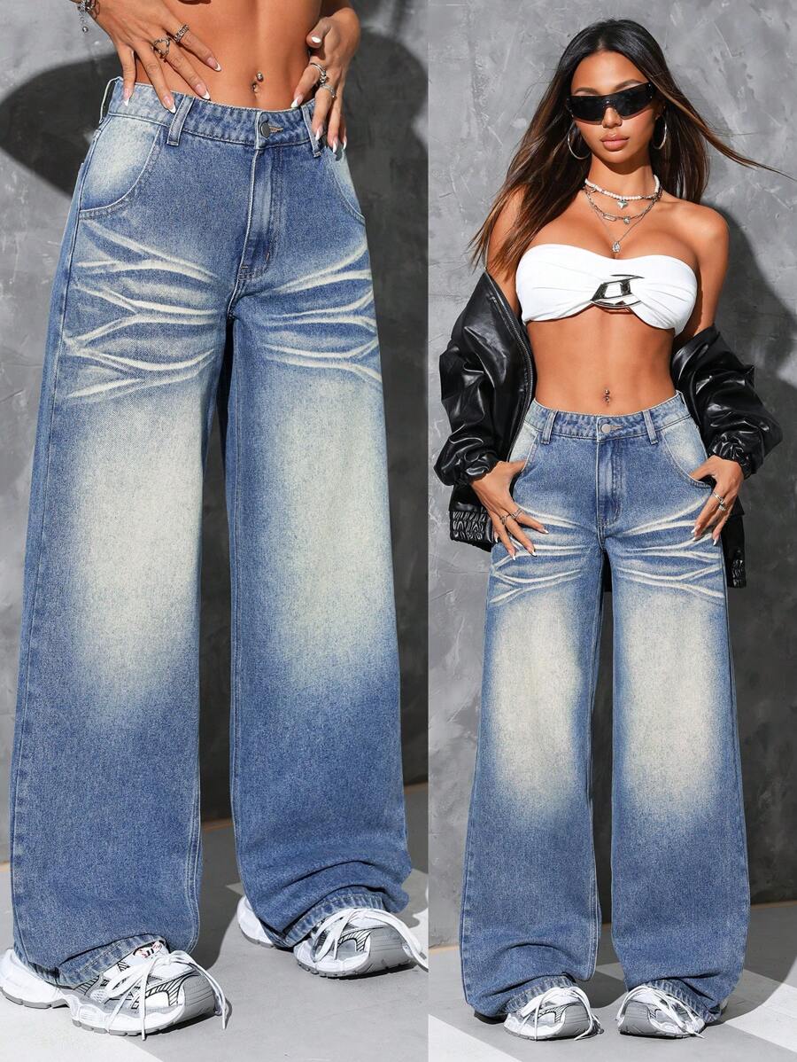 SHEIN ICON Women Simple Front Button Pocket Casual Denim Long Pants